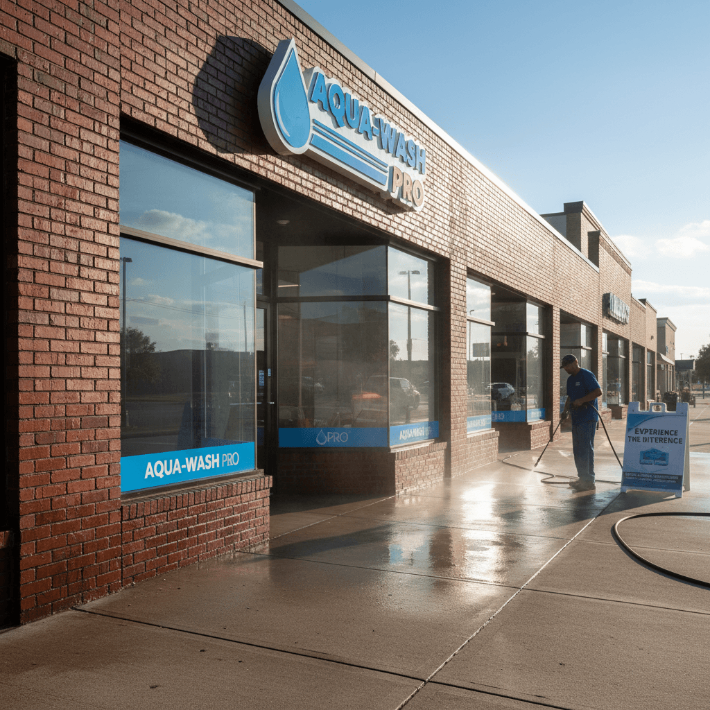 Commercial storefront pressure washing showing clean brick and sidewalk with professional finish