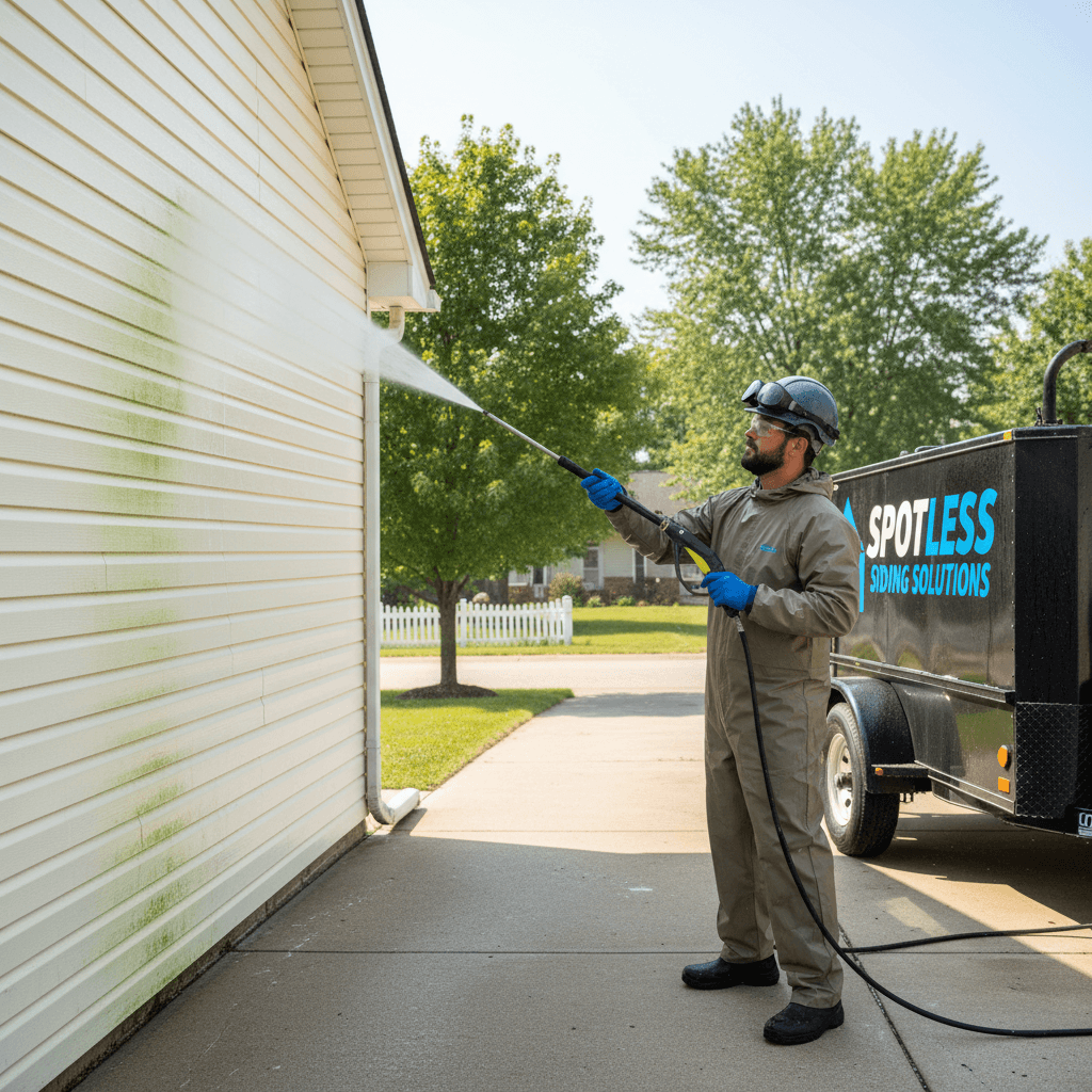 Pressure washing professional cleaning house siding with soft wash system