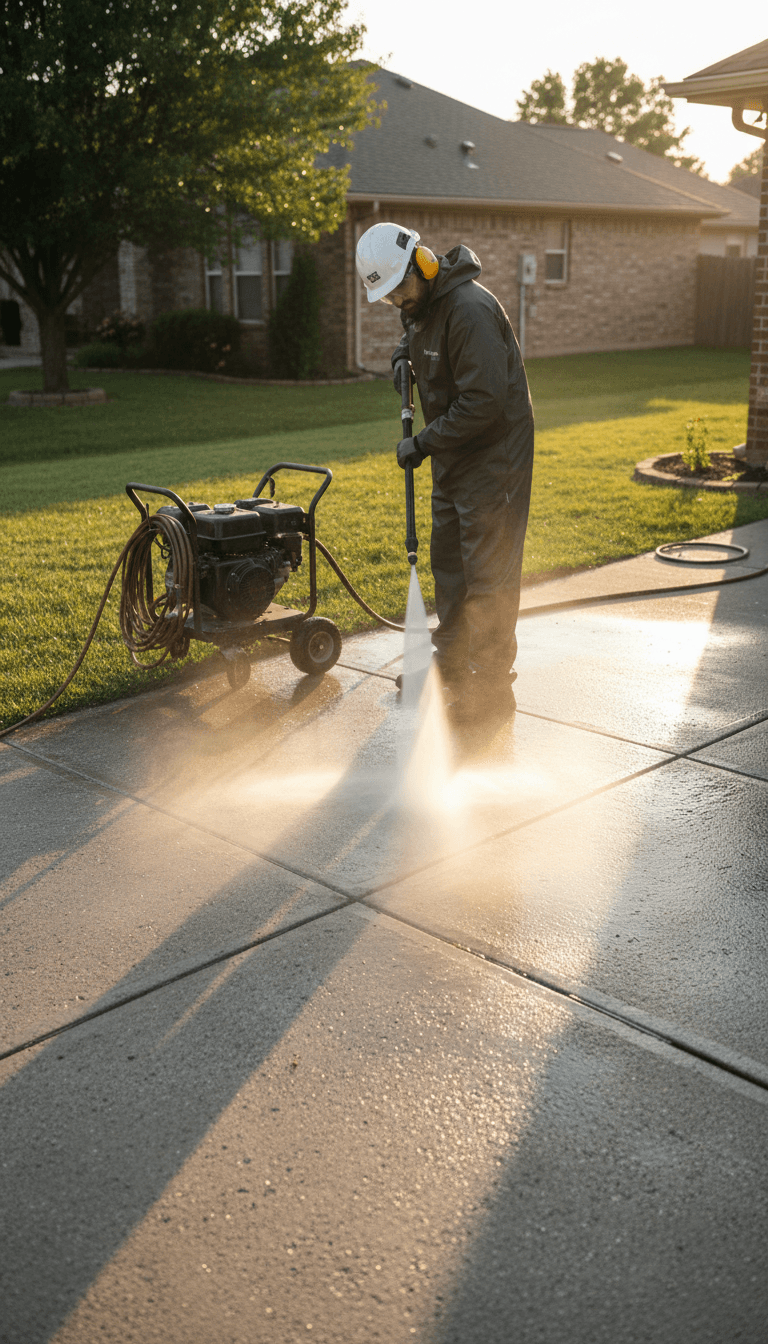 Pressure washer cleaning a concrete driveway in a residential neighborhood