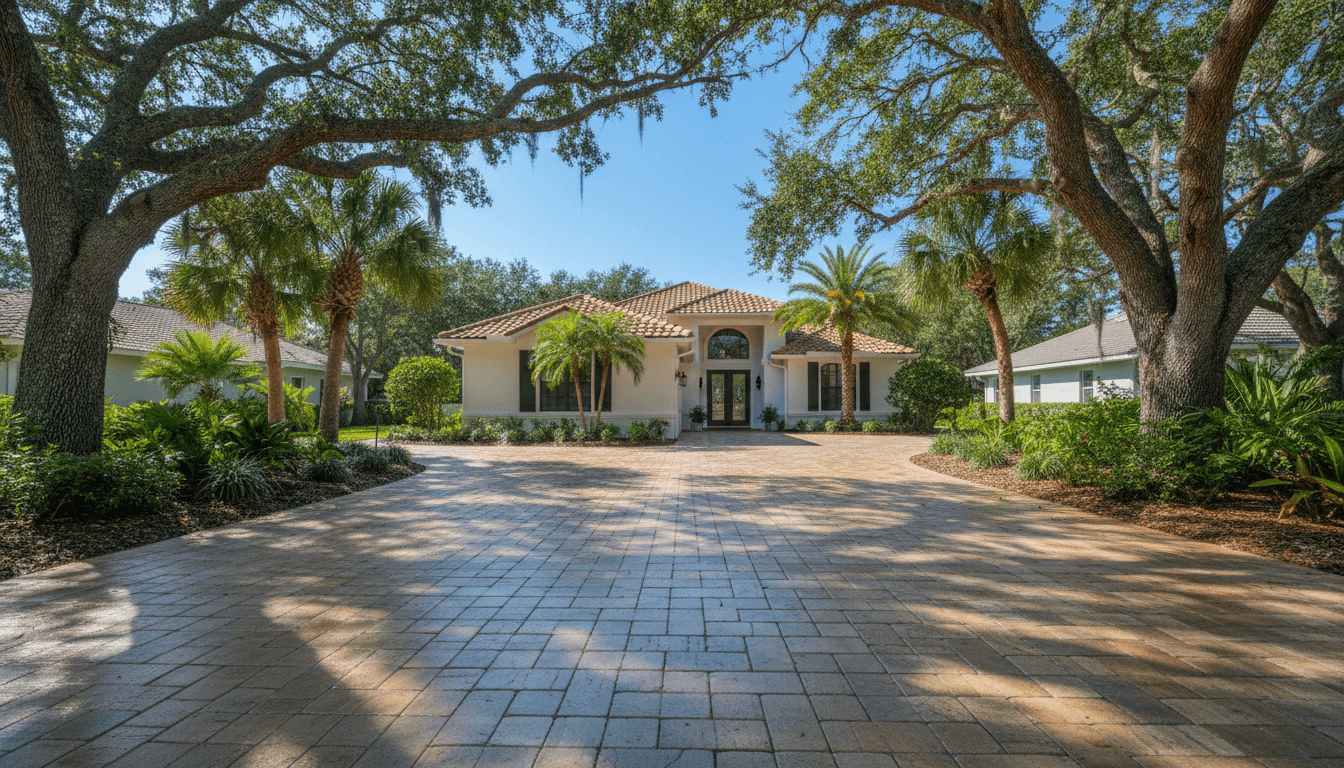 Newly sealed paver driveway with a subtle sheen, leading to a modern home under a blue sky.