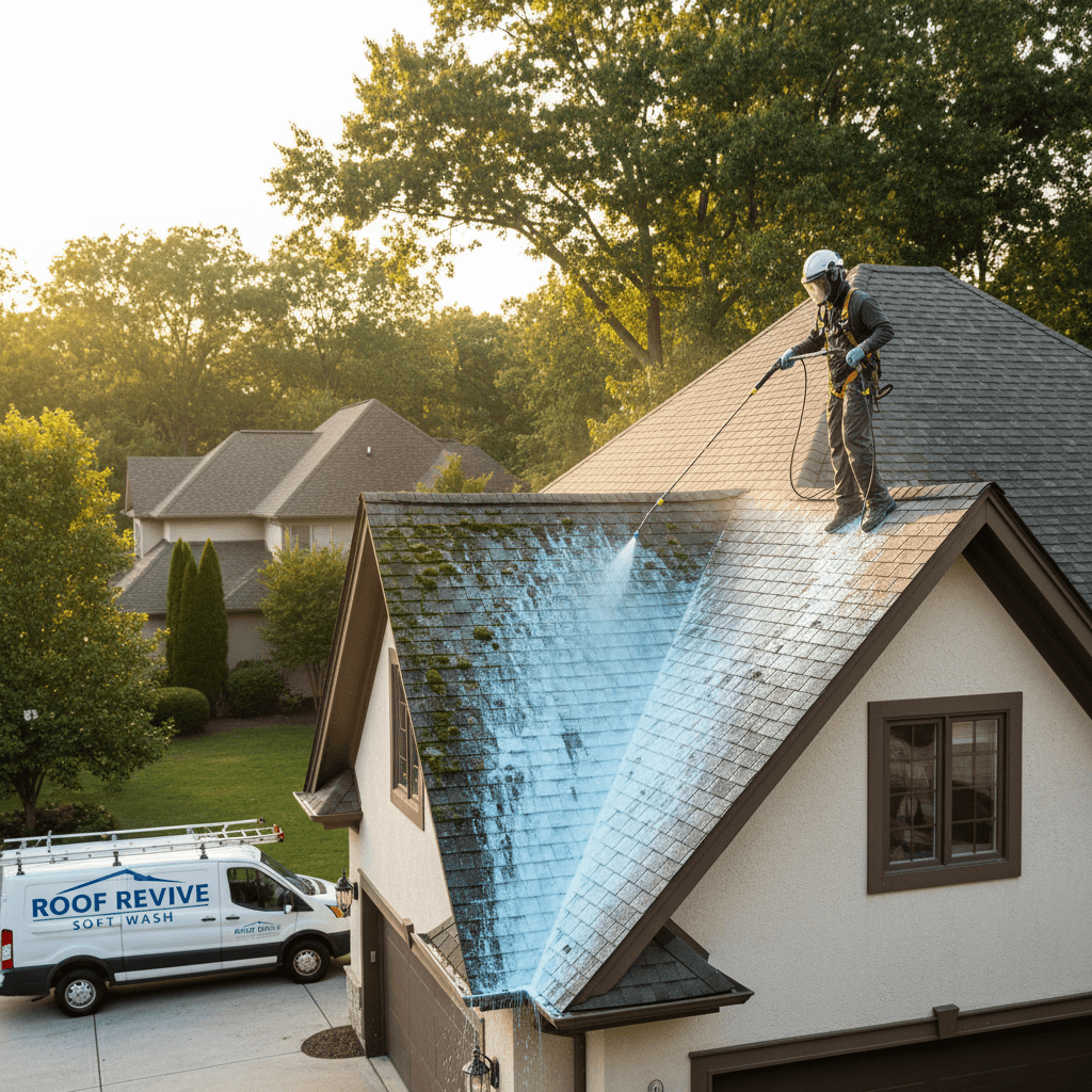 Roof soft washing to remove algae and moss