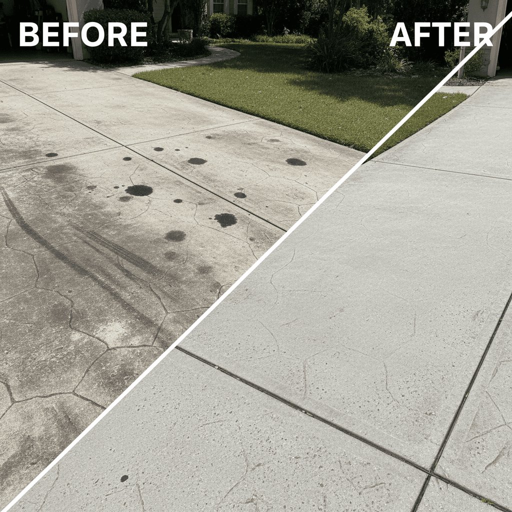 Driveway before and after pressure washing showing gray concrete with oil and tire marks removed