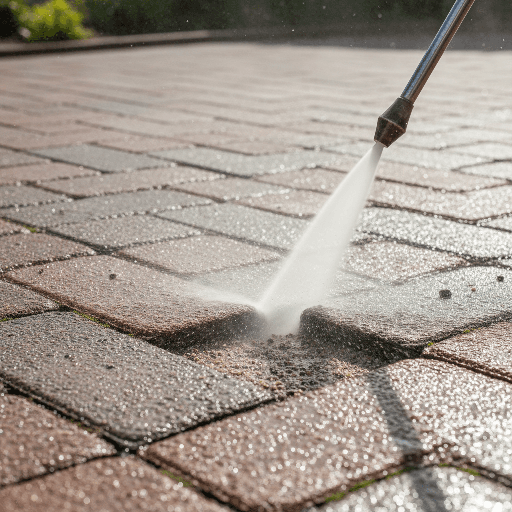 Deep cleaning weed growth from paver joints with pressure washing wand