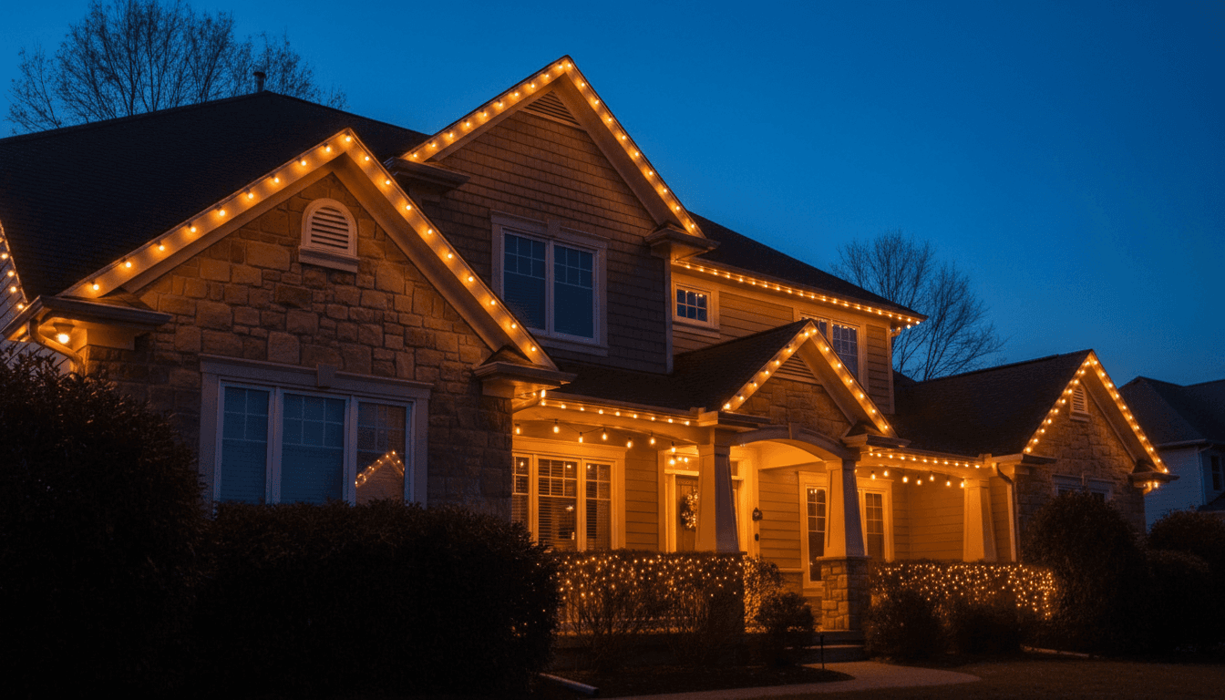 House exterior lit with holiday lights at dusk, St. Augustine residential property