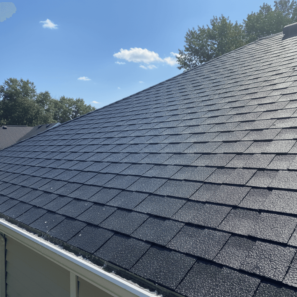 Roof after soft washing showing clean asphalt shingles with black algae and moss completely gone