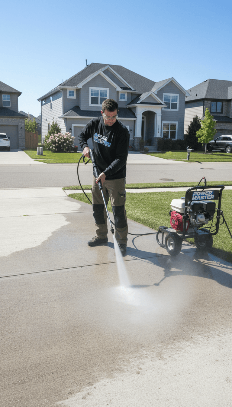 Pressure washing a driveway with high-pressure water spray