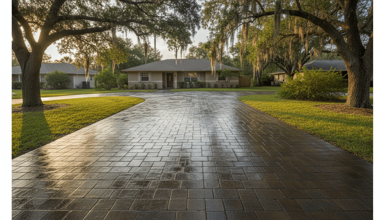 Newly sealed paver driveway at golden hour in a St. Augustine neighborhood