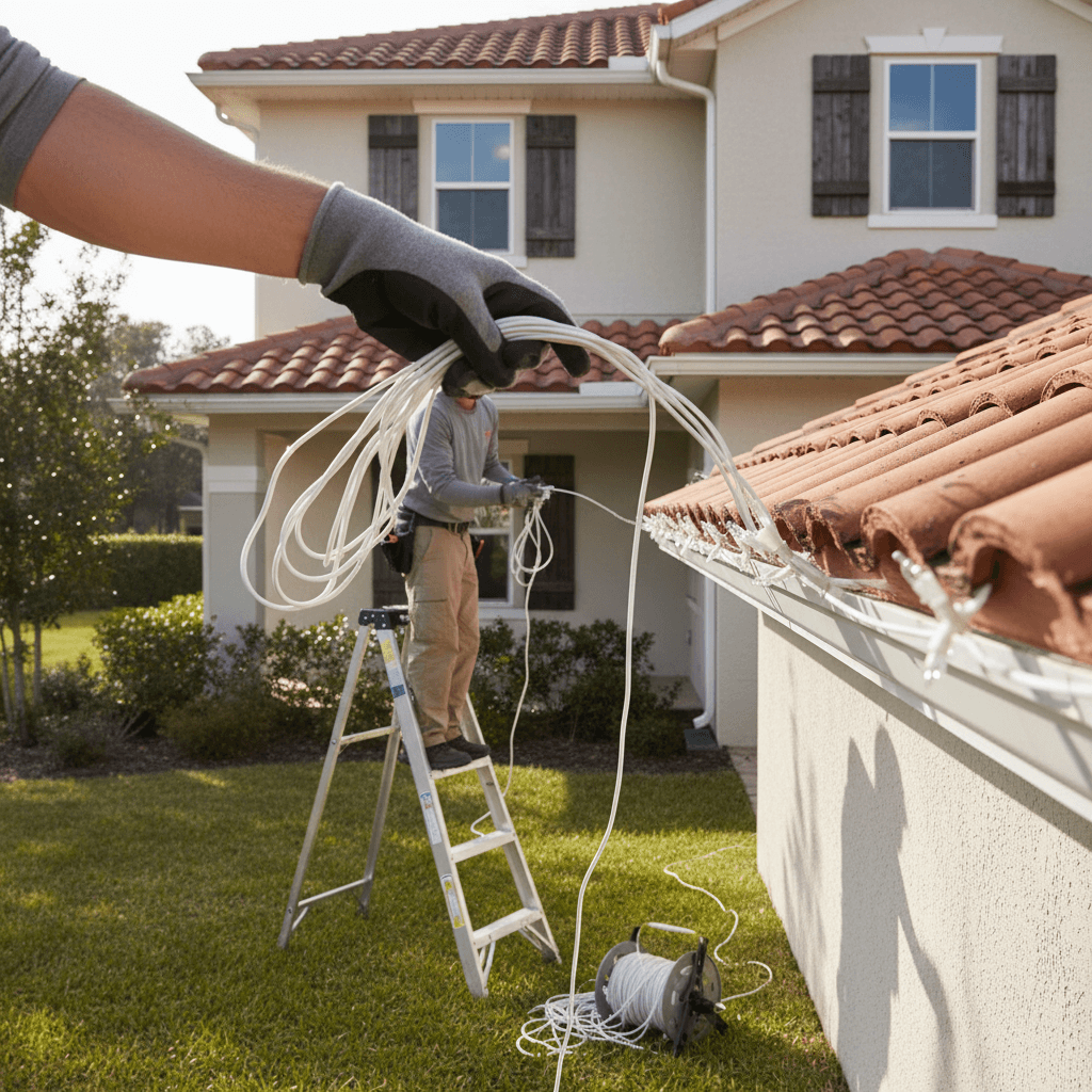 Professional holiday light installation on a two-story house roofline in St. Augustine