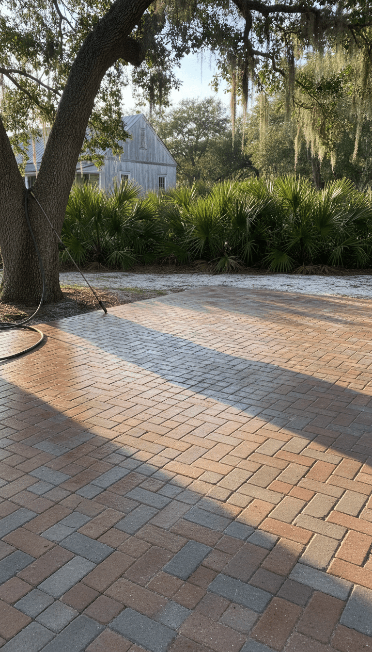 A sealed paver patio after cleaning and resealing by Jax Pressure Pro LLC, afternoon light, St. Augustine