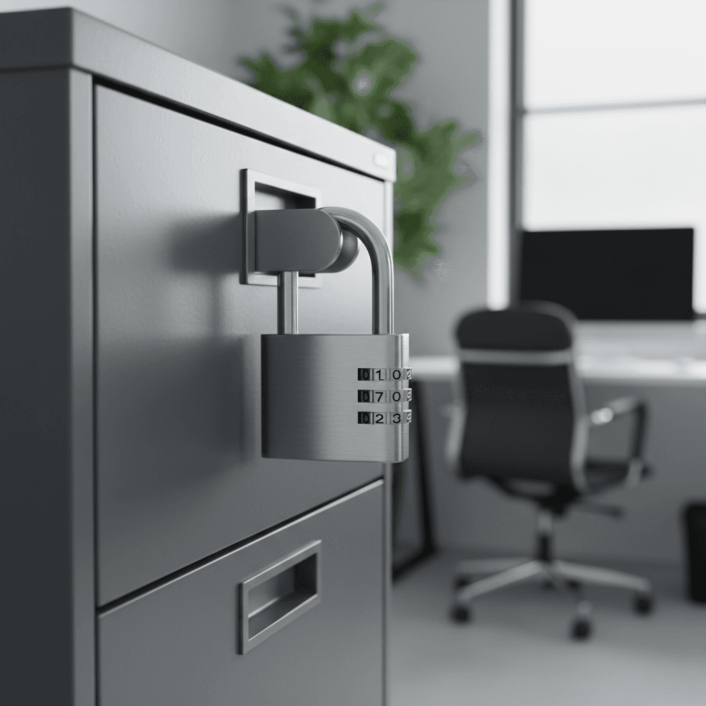 A secure lock on a metal filing cabinet in an office