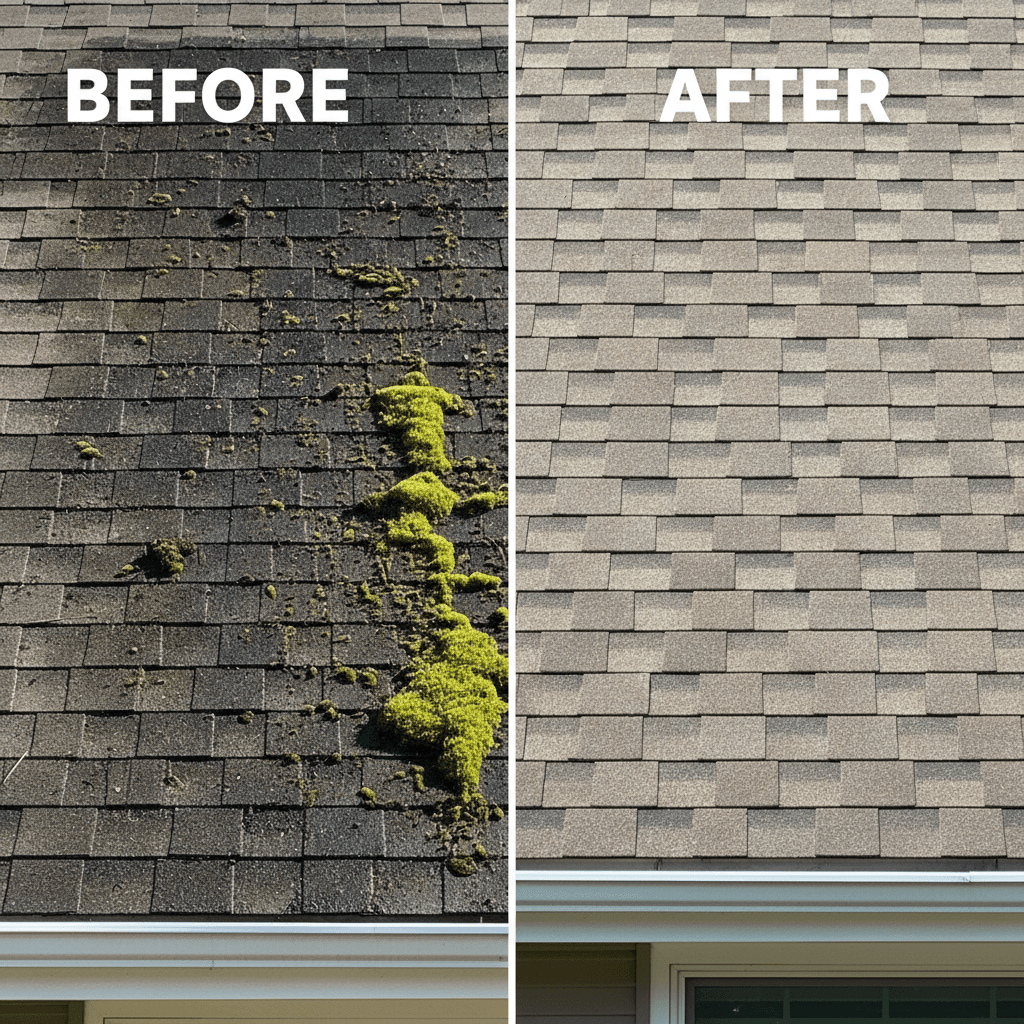 Roof washing before and after