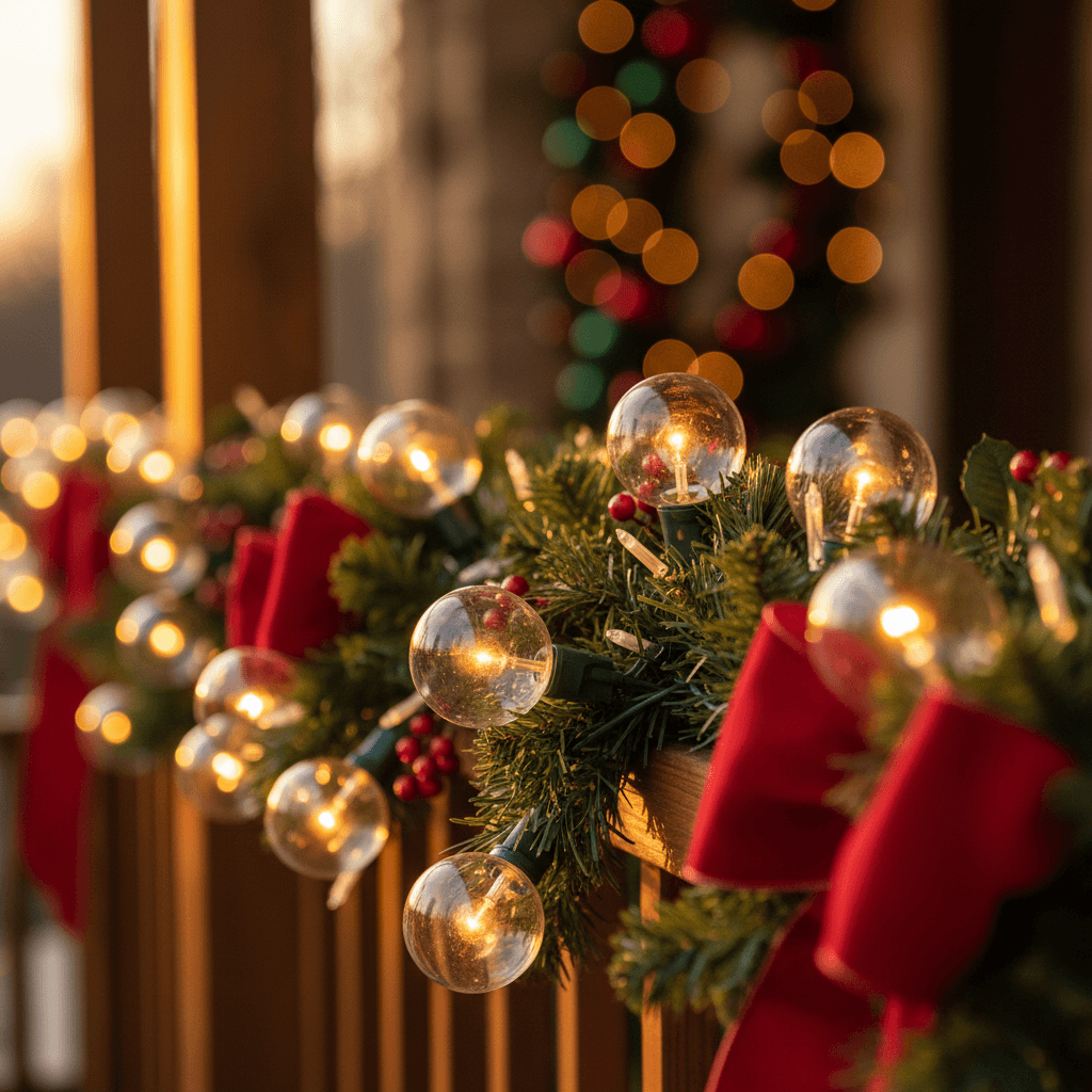 Holiday string lights on a railing