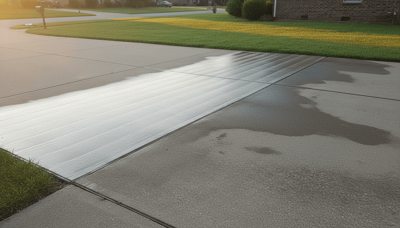 Clean driveway after pressure washing service showing bright concrete