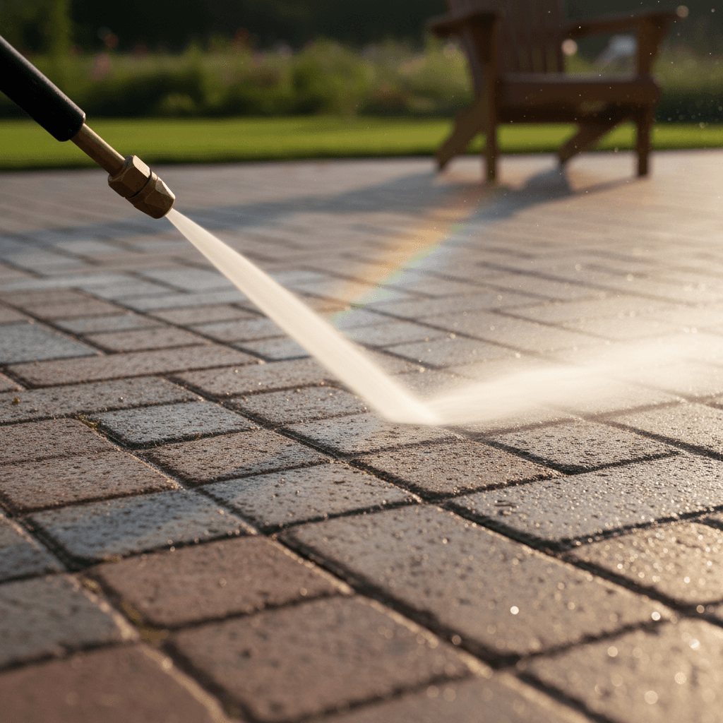 Pressure washing nozzle cleaning the edge of a brick paver patio, sunlight catching the water spray.