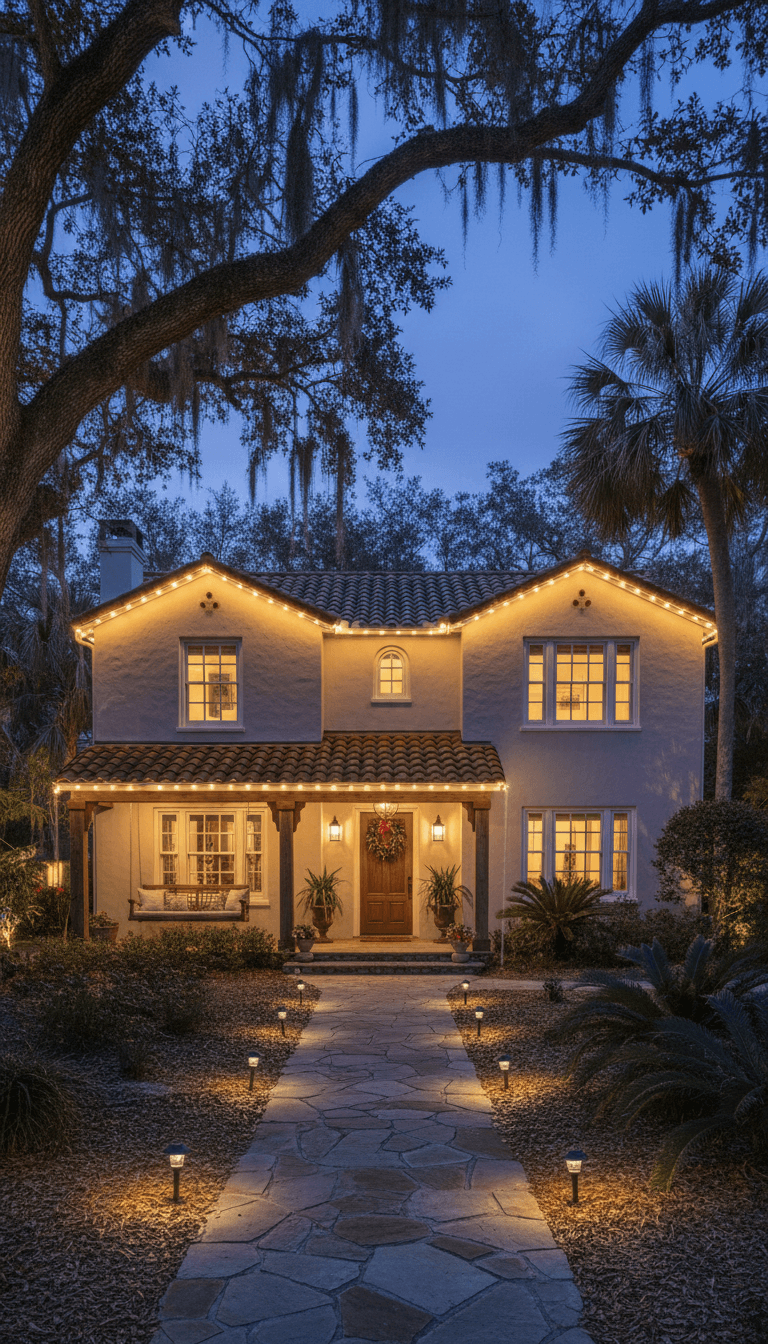 Two-story home with professionally installed holiday lights on the roofline, evening lighting, St. Augustine