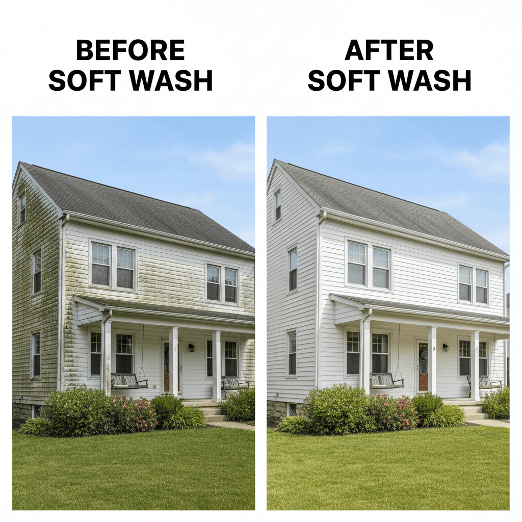 House exterior before and after soft washing showing clean white siding with no algae streaks