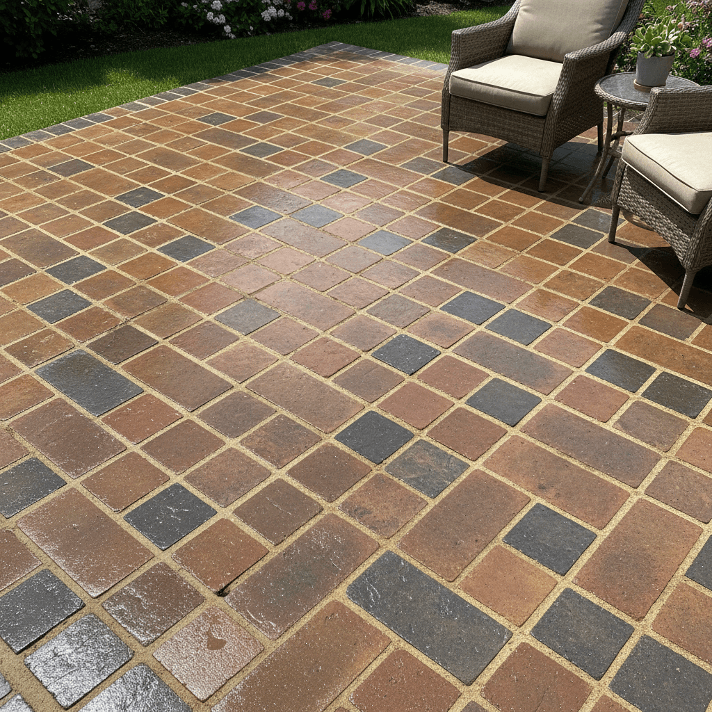 Paver patio after cleaning and sealing with polymeric sand showing vibrant color and no weeds