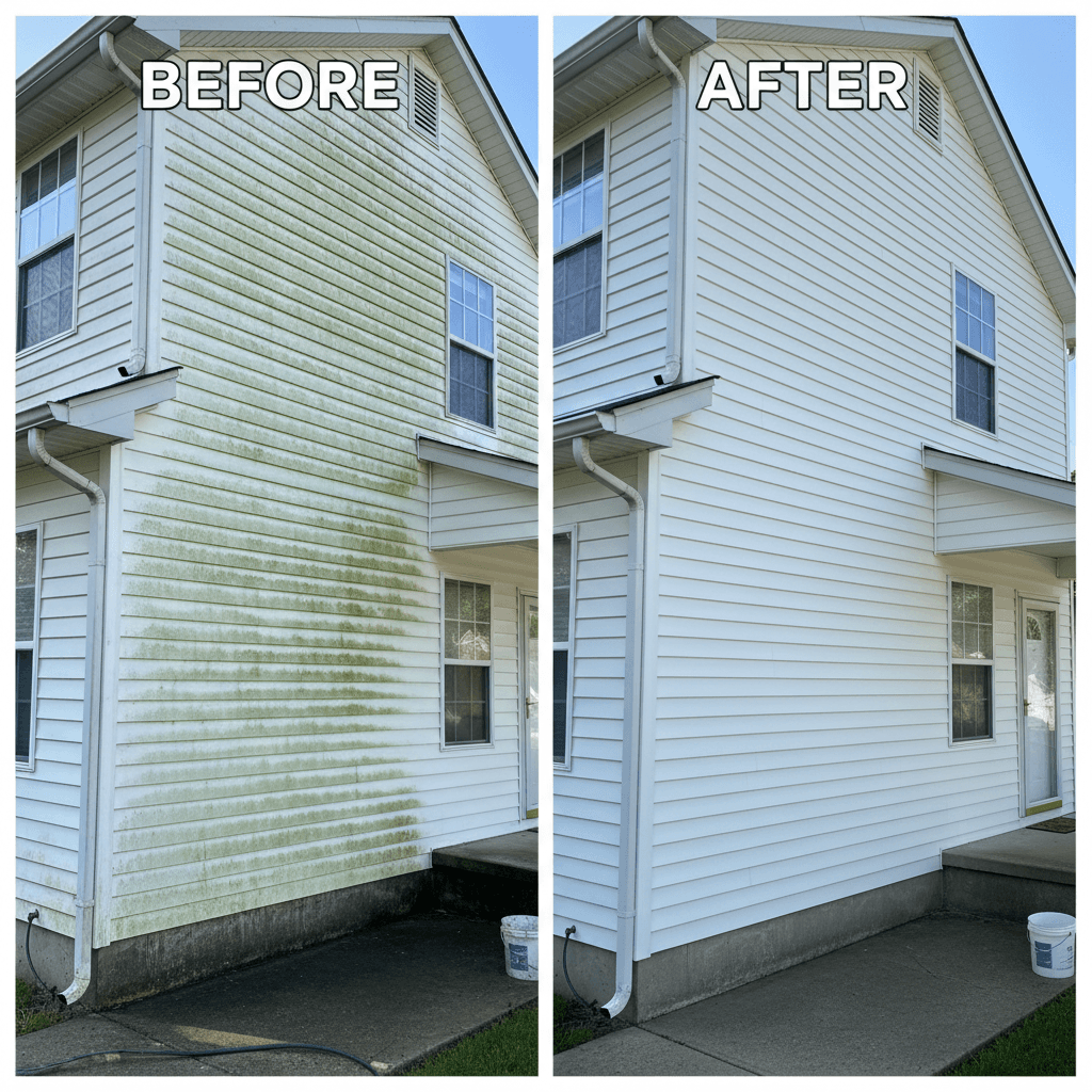Before and after house exterior pressure washing showing dramatic cleaning results