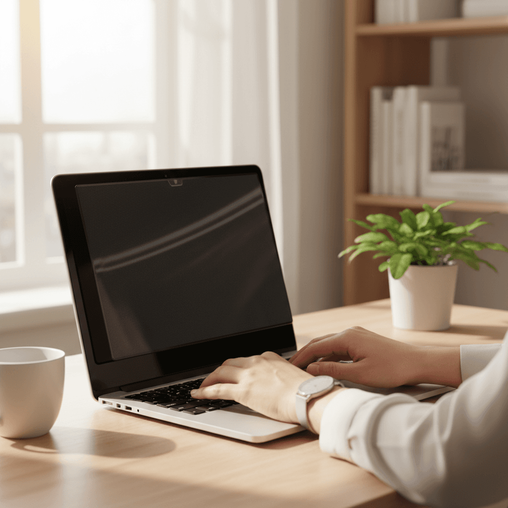 Hand typing on a laptop with privacy screen