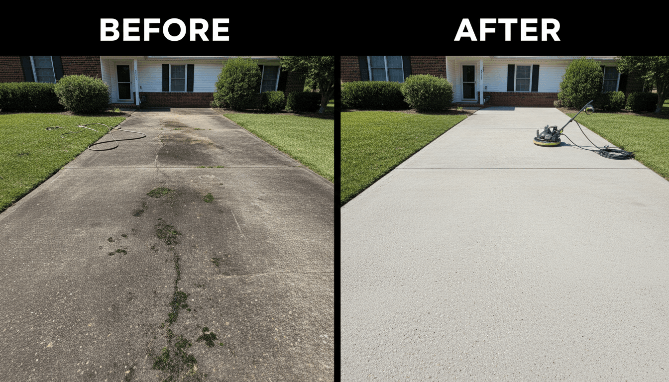 Before and after comparison of driveway pressure washing showing dramatic cleaning results