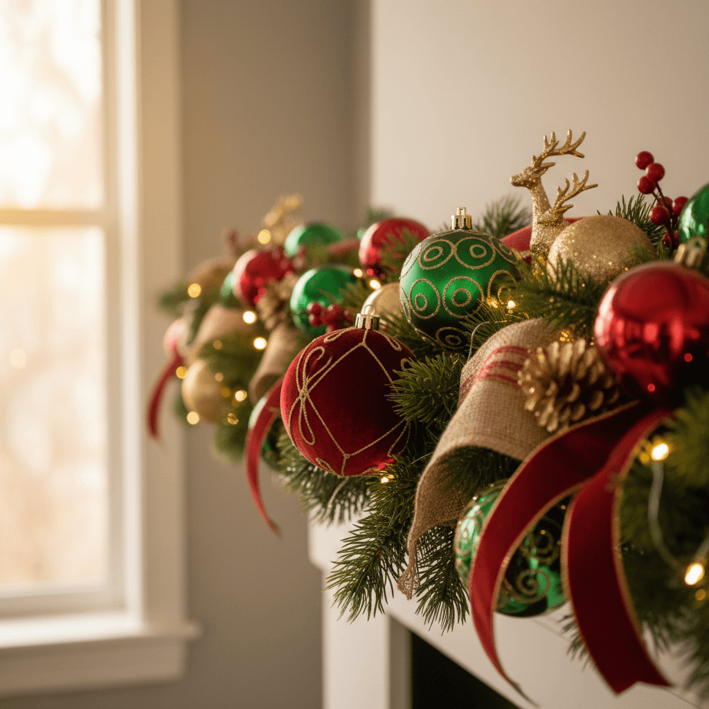 Close-up of holiday mantel with ornaments, lights, and garland in warm golden light