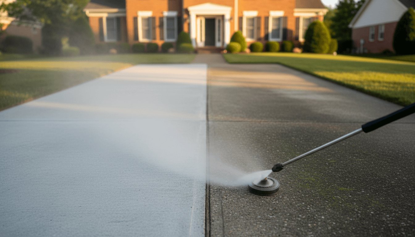 Before and after pressure washing transformation of residential driveway