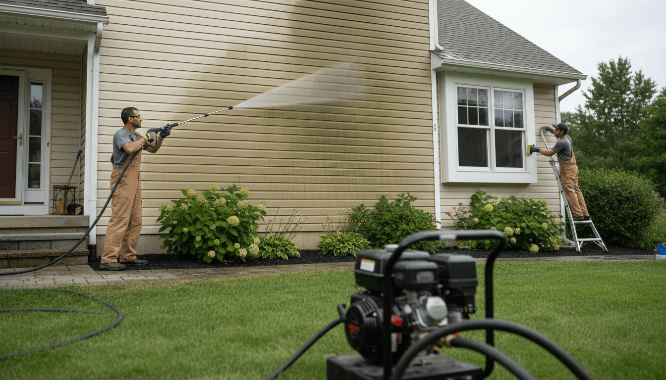 Professional pressure washing equipment ready for residential service