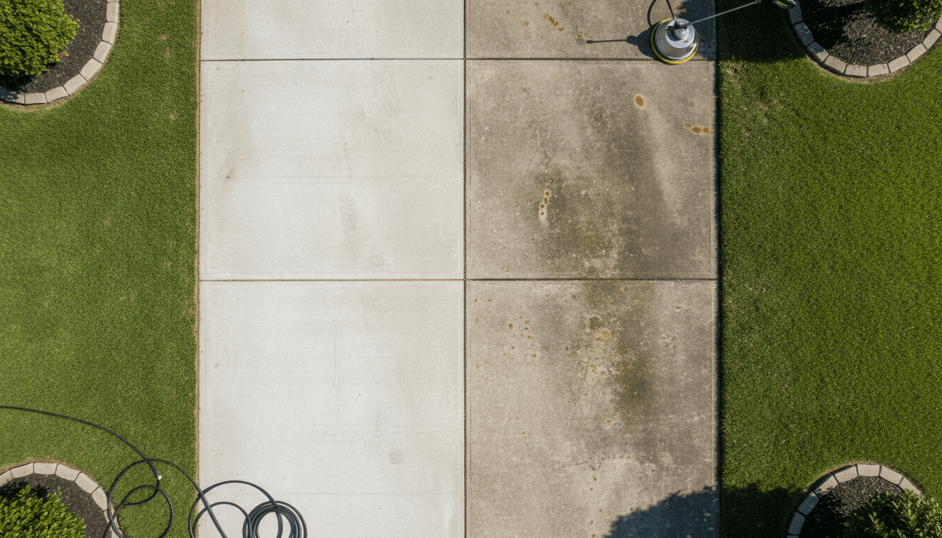 Driveway before and after pressure washing showing dramatic cleaning results