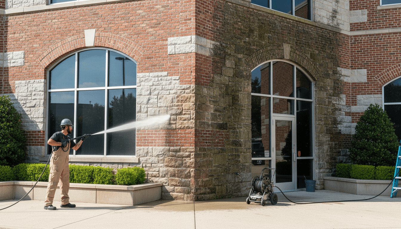 Commercial property before and after exterior cleaning service