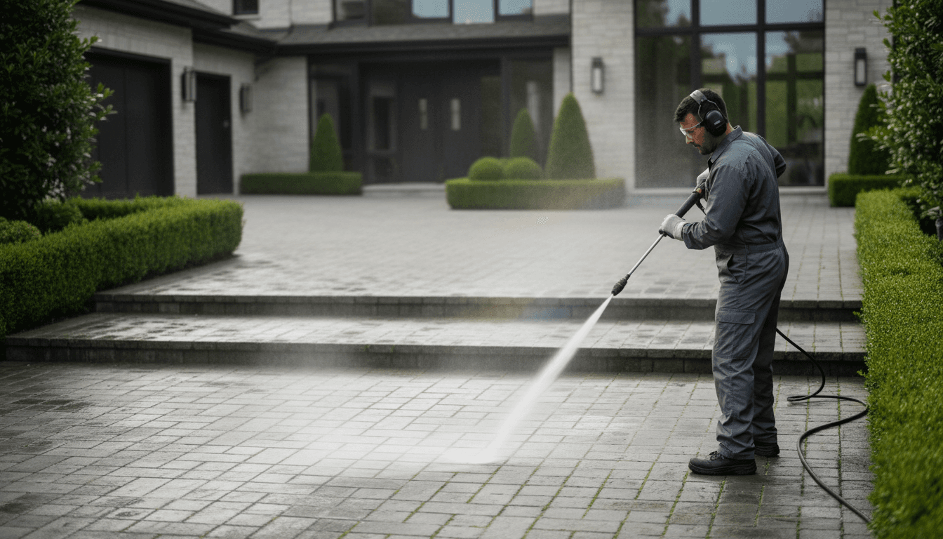 Pressure washing professional cleaning driveway
