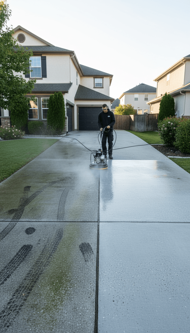 Driveway before and after pressure washing