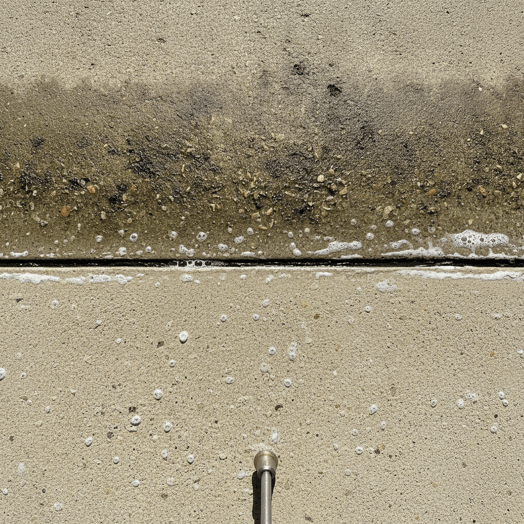 Close-up overhead view showing dramatic before-and-after driveway cleaning, with pressure washer creating clean bright concrete surface
