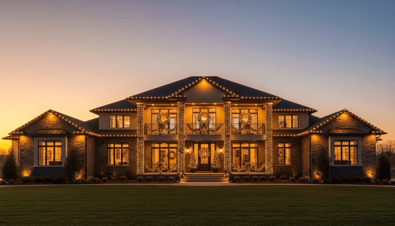 Complete residential property exterior decorated with professional holiday installations including roofline lighting, garland, wreaths, and uplighting at golden hour
