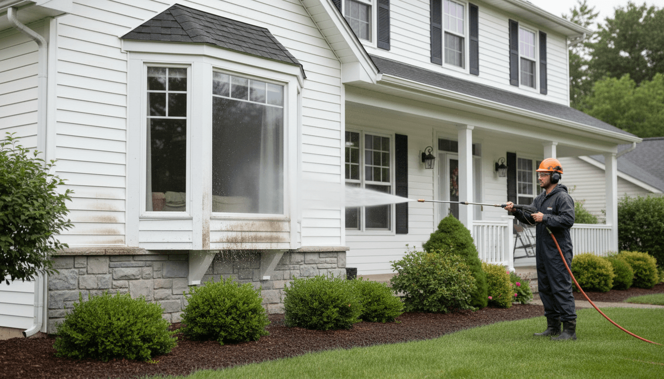 House exterior before and after cleaning showing dirt removal