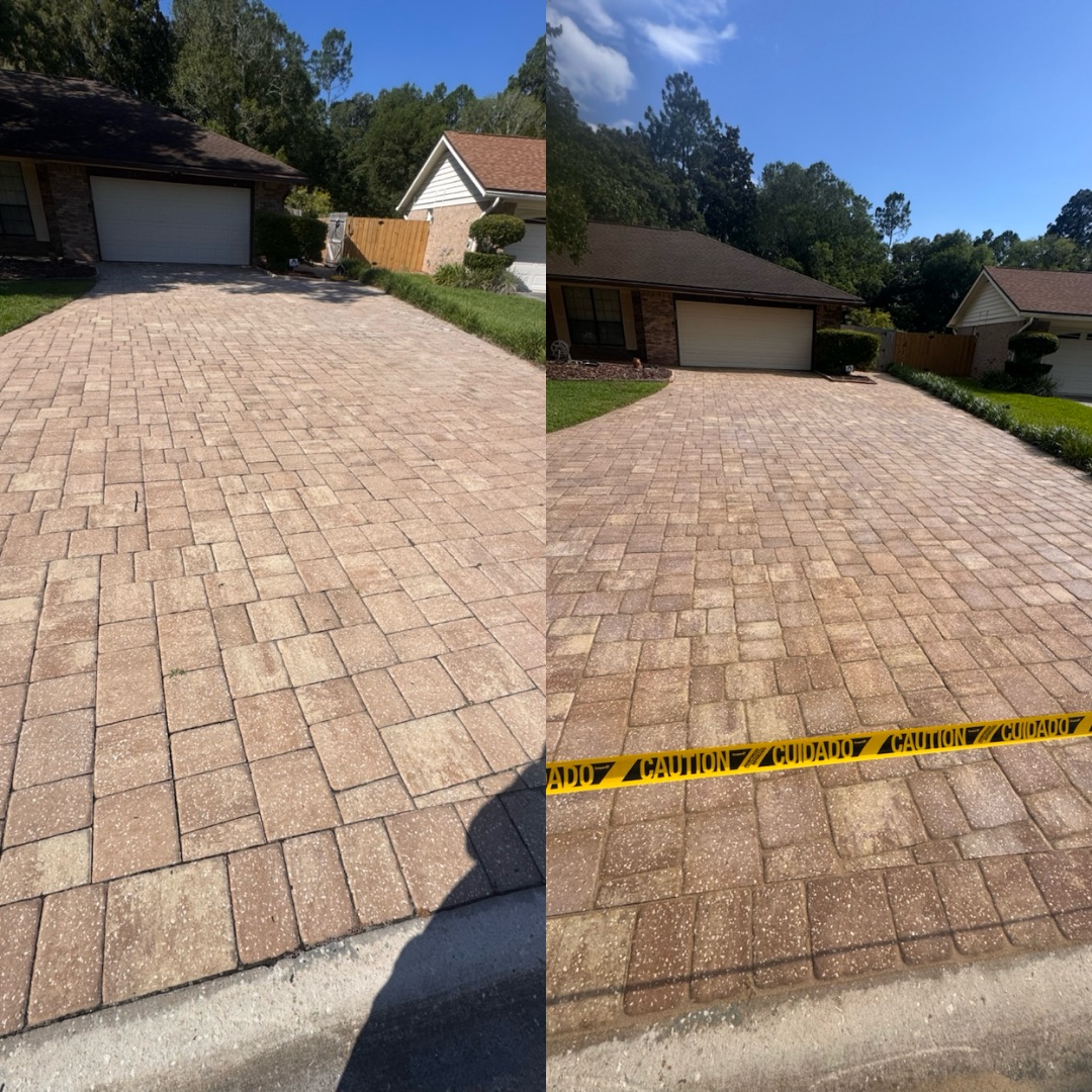 Sealed brick paver driveway completed by Jax Pressure Pro